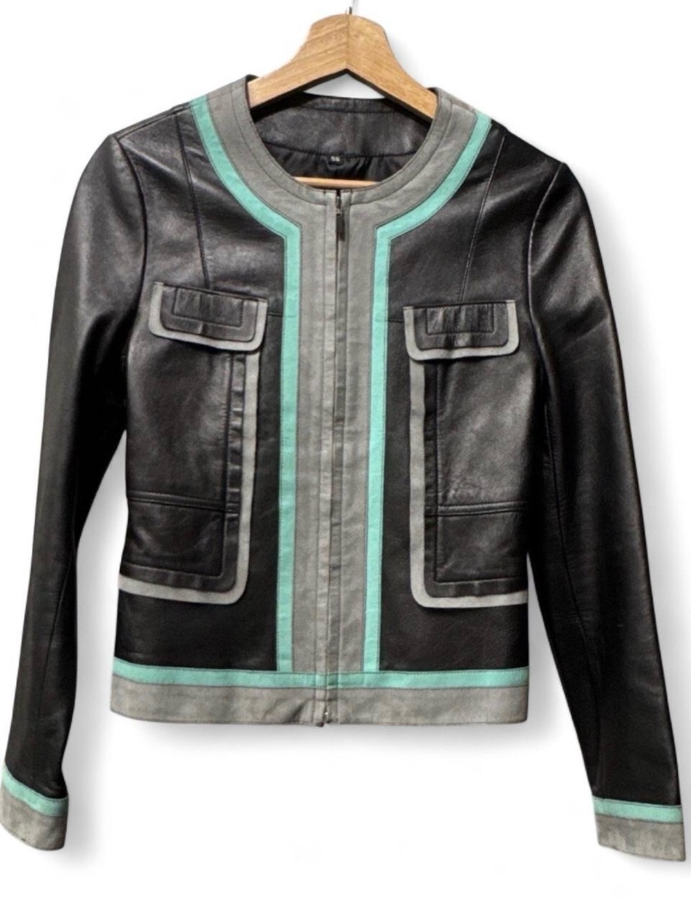 Vintage Korean Colorblock Lambskin Leather Jacket Gray Turquoise Crop Moto S